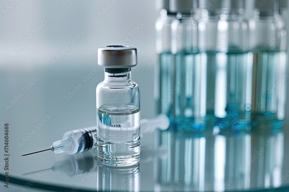 Vaccination concept with syringe and bottles of vial with copy space