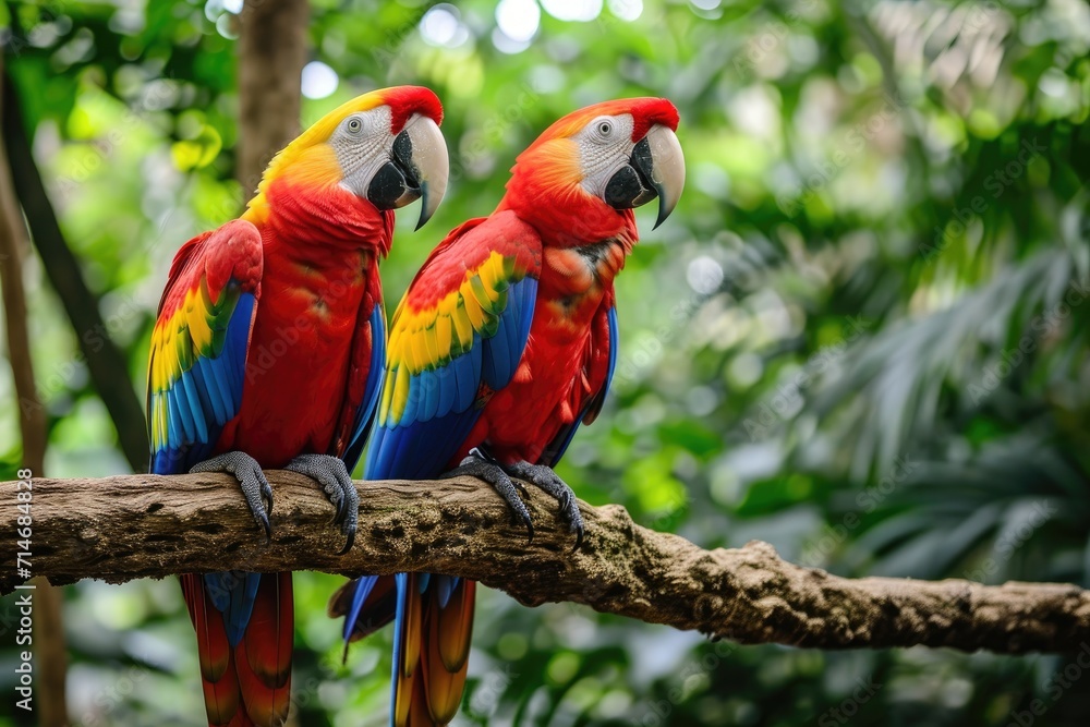 Obraz premium Tropical birds sitting on a tree branch in the rainforest. Colorful scarlet macaw parrots.