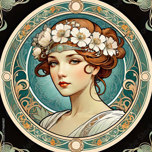 Vector illustration, art nouveau style in retro vintage style with decorative ornaments, illustration with a beautiful girl (different nationalities) in art nouveau style