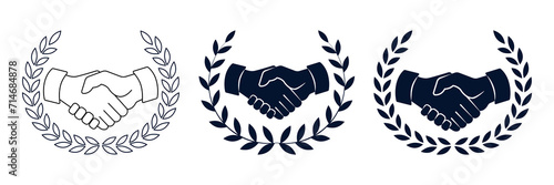 Icon logo, handshake emblem. The concept of concluding a deal, agreement, contract, agreement, successful negotiations. Linear isolated black and white drawing. Vector illustration.