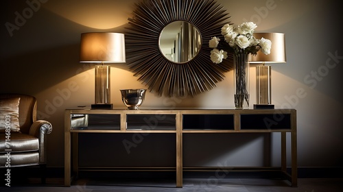 A decorative console table with a statement mirror.
