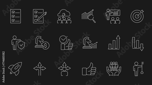 Management business line icons set, outline symbols collection, linear pictograms package isolated on black background