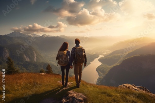 Romantic couple hiking together in a full shot. © Miltan