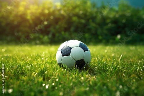 Soccer ball resting on the lush green grass of the field. © Miltan