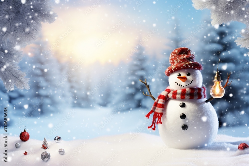 Snowman surrounded by a winter landscape and glistening snow.