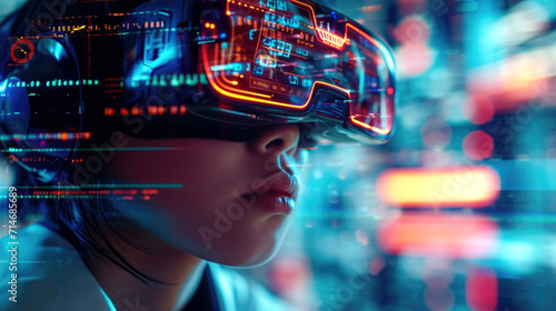 Man in VR goggles in a metaverse game with digital graphics and game stats, VR headset detail, futuristic and interactive gaming, virtual reality goggles, futuristic, Metaverse technology concept © Intelligent Horizons