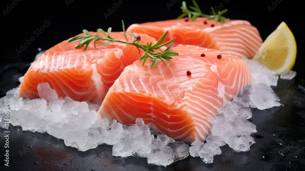 red fish salmon ice and lemon on a dark background red fish salmon ice and lemon on a dark background