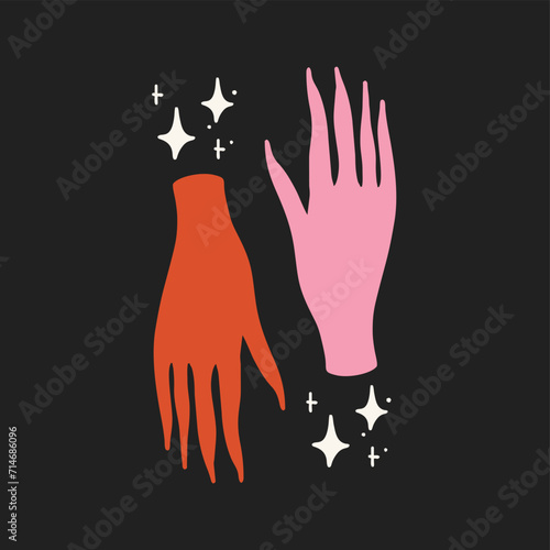 Hands illustration. Unique print in boh style, fairy tale. Ideal for poster or card template, fashion t-shirt design. photo