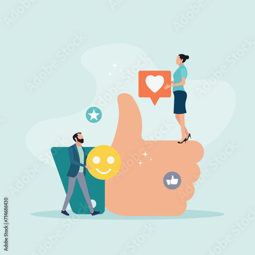 Customers give rating stars, likes and positive reviews. The key to career success. Vector illustration in flat style. Concept of leaving a comment.
