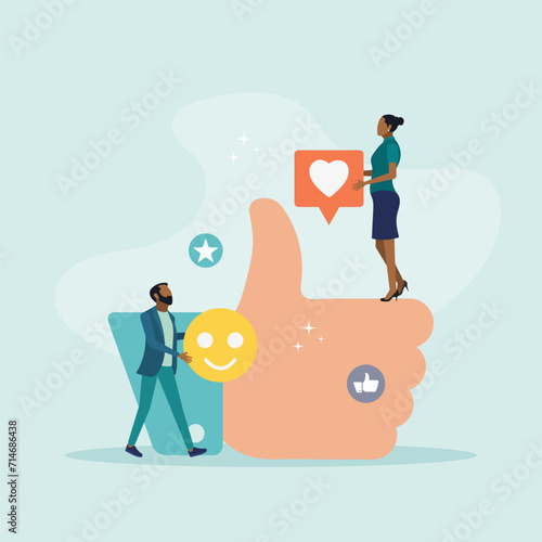 Customers give rating stars, likes and positive reviews. The key to career success. Vector illustration in flat style. Concept of leaving a comment.

