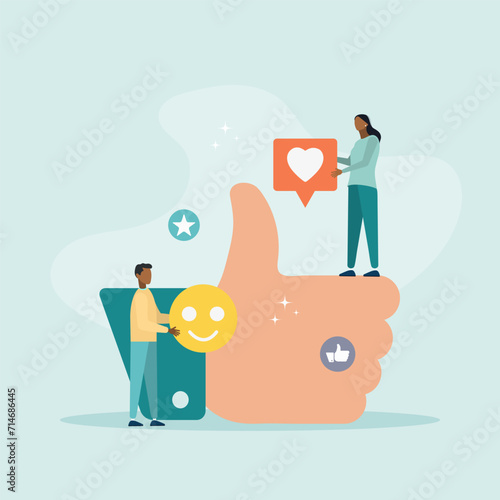 Customers give rating stars, likes and positive reviews. The key to career success. Vector illustration in flat style. Concept of leaving a comment.
 photo