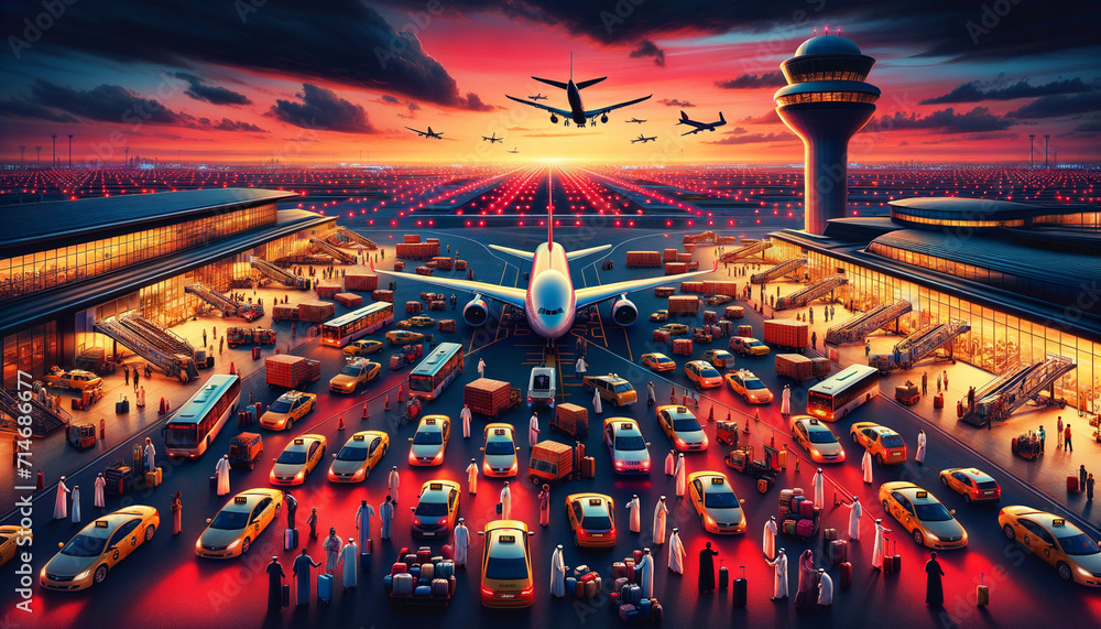 Vibrant Sunset at a Bustling Airport with Airplanes and Ground Traffic - obrazy, fototapety, plakaty 