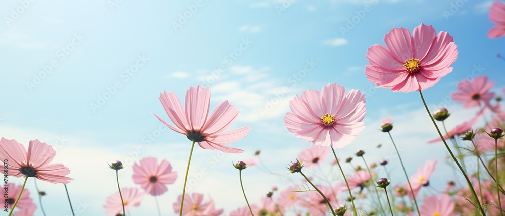 Pink cosmos flowers with sky, in morning