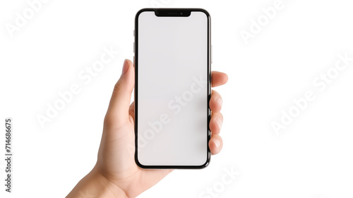 Hand holding the black smartphone with blank screen and modern frameless design, hold Mobile phone on transparent background photo