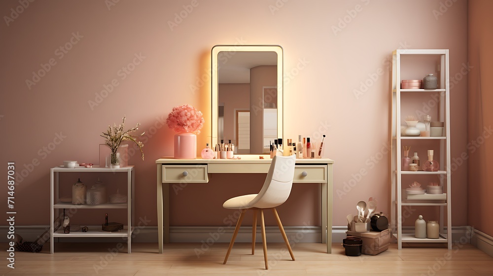 A vanity area with a mirror and makeup storage.