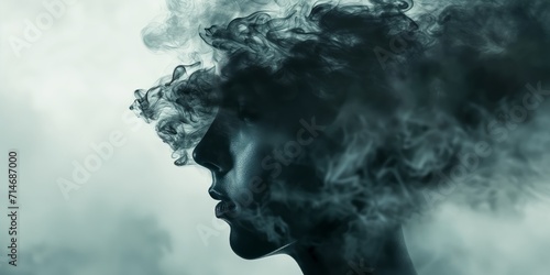 Double exposure abstract background of woman face and smokes. Mental health, depression, stress, overwork, anxiety issues concept © RMedia