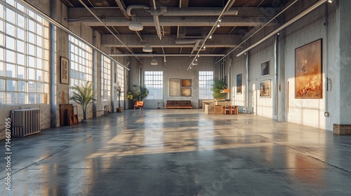 An industrial-style art gallery with concrete floors  track lighting  and exposed ventilation