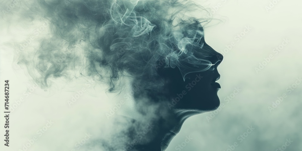 Double exposure abstract background of woman face and smokes. Mental health, depression, stress, overwork, anxiety issues concept - obrazy, fototapety, plakaty 