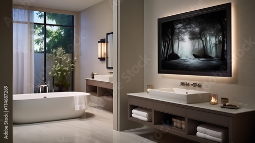 A wall-mounted TV for entertainment in the bathroom.