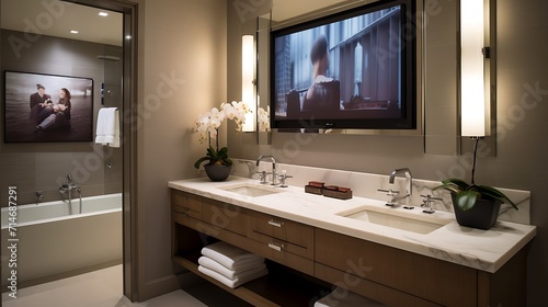 A wall-mounted TV for entertainment in the bathroom.