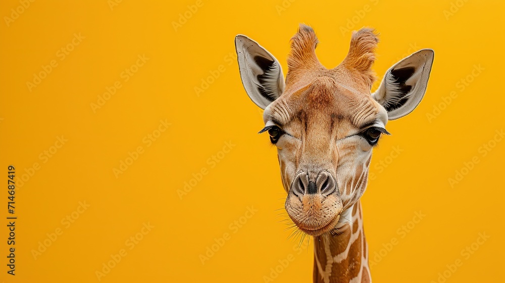 An expressive giraffe against a stark yellow background, with a direct gaze that conveys curiosity and a calm demeanor.