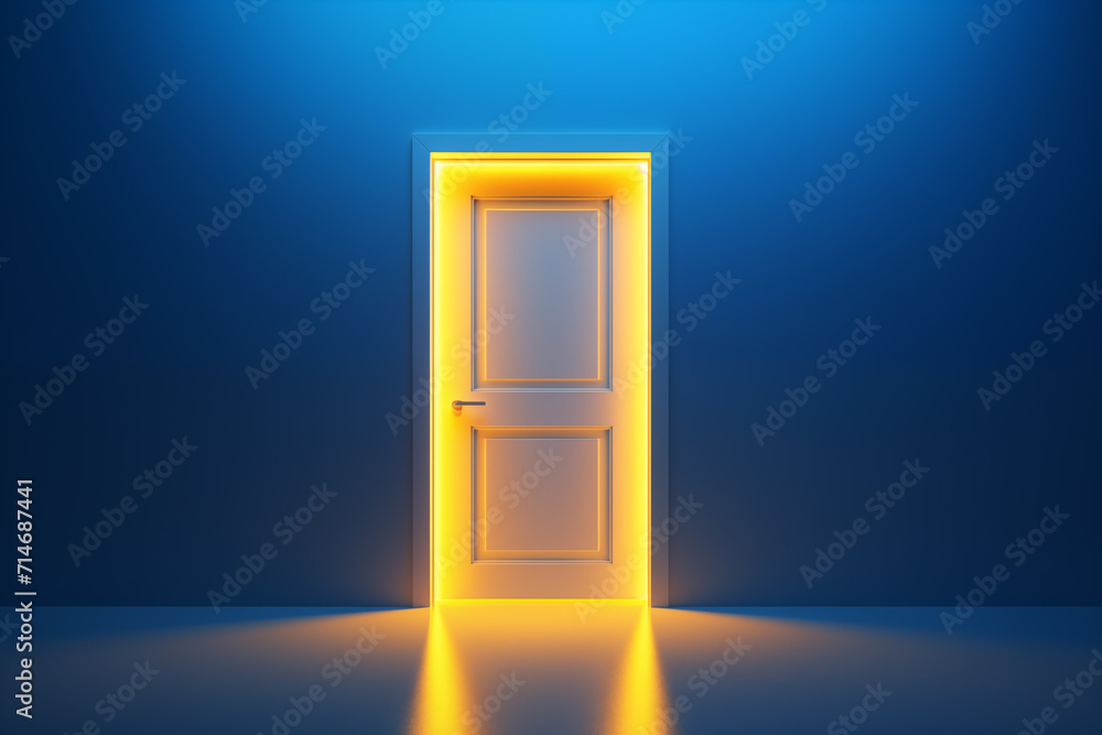 Illuminated Path: 3D Render of Yellow Light Through Open Door. Generative ai