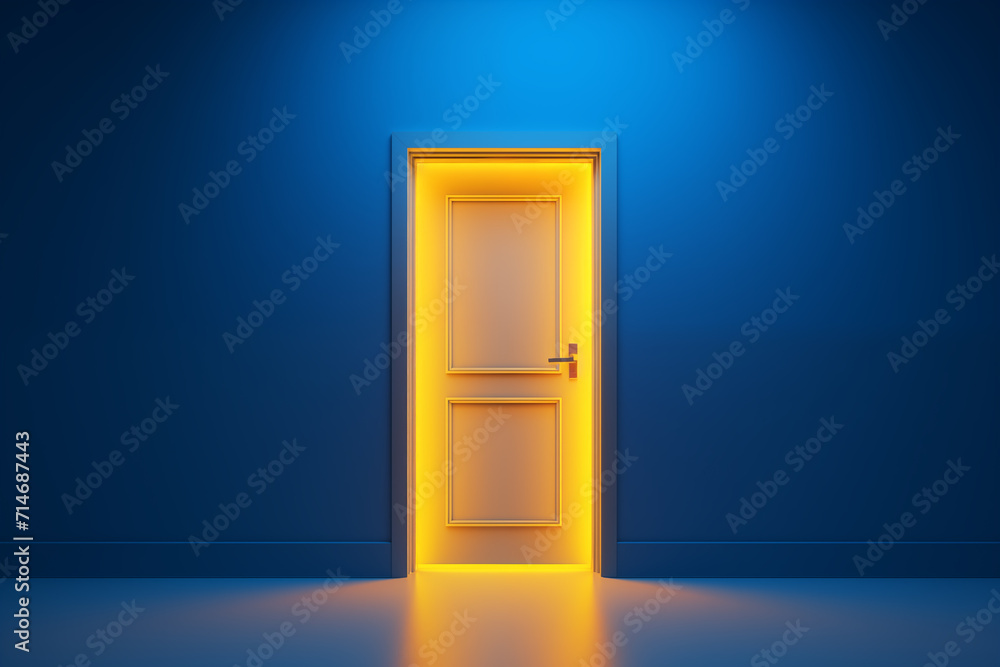 Illuminated Path: 3D Render of Yellow Light Through Open Door. Generative ai Illuminated Path: 3D Render of Yellow Light Through Open Door. Generative ai