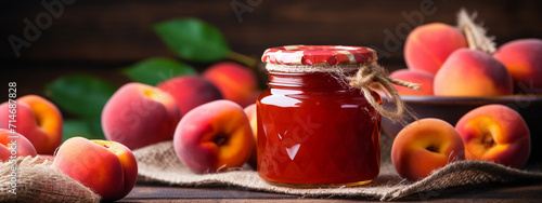 peach jam on a wooden table and fresh peaches