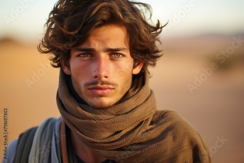 Portrait of a young guy in a scarf in the middle of the desert