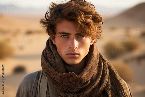 Portrait of a young guy in a scarf in the middle of the desert