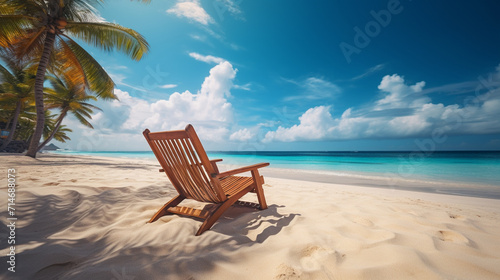 wooden deck chair on the background of the ocean beach.