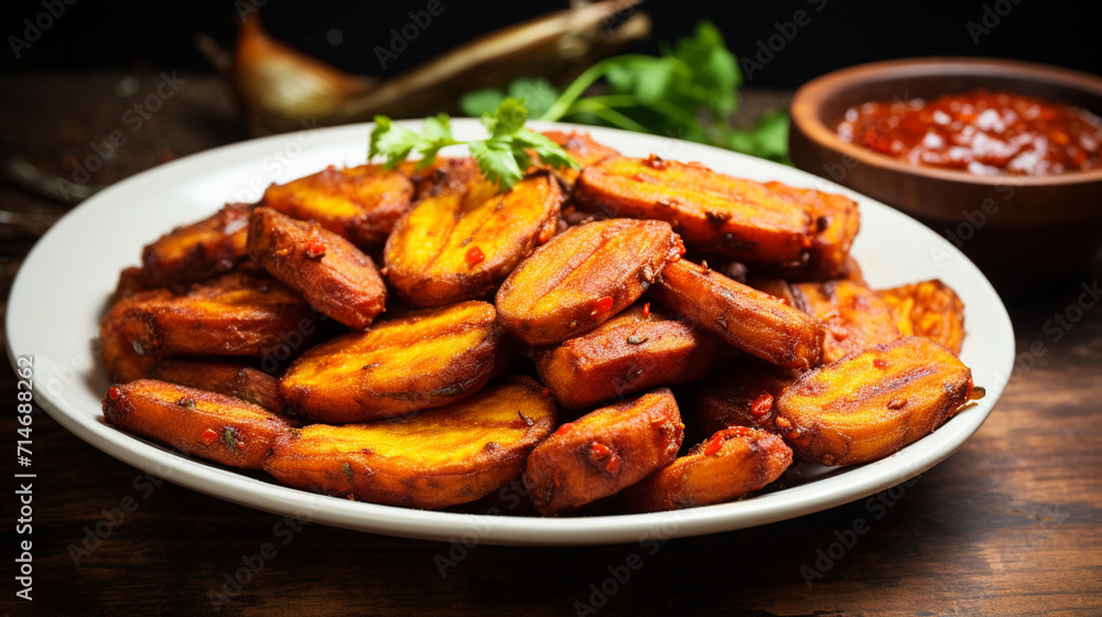 Homemade fried bananas with cinnamon in a gray plate on the table Homemade fried bananas with cinnamon in a gray plate on the table
