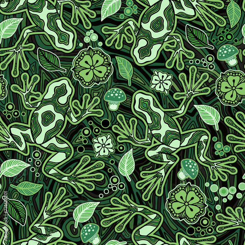 Hawaiian Green and Black Poison Dart Frog Psychedelic Seamless Pattern, Trippy Art Fantasy Mushrooms and Reptilian photo