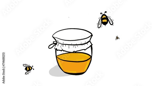Bees fly over a jar of honey. Animation
