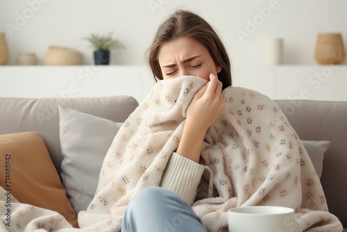 sick woman blowing her nose