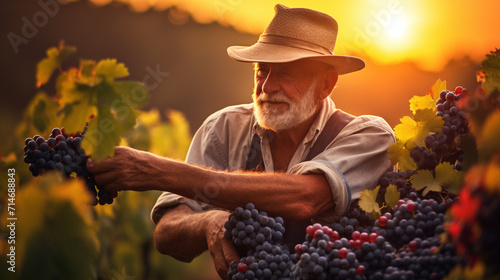 farmer grandfather collects ripe grapes grapes
