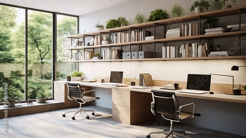 A wall of floating desks in the home office for a shared workspace. photo