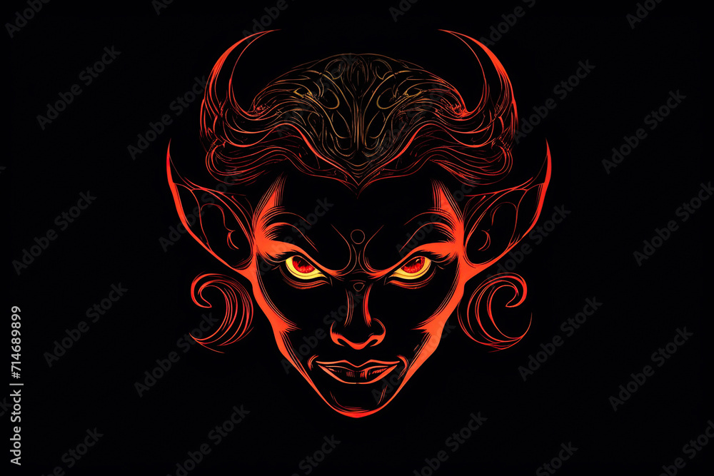 Devil demon woman logo with horns isolated on black background. Generative AI illustration.