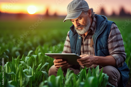 A modern farmer in a corn field using a digital tablet. Farming and agriculture with Application of technology Concept. Generative Ai.