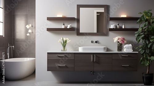A wall of floating vanities in the master bathroom for a modern look.