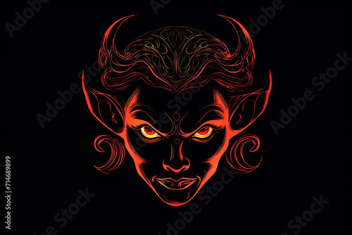 Devil demon woman logo with horns isolated on black background. Generative AI illustration.