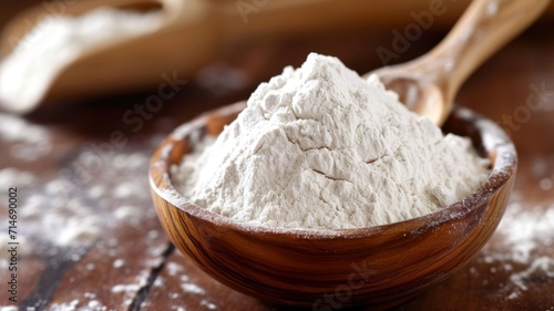 White flour on the background of the kitchen table. Baking powder.