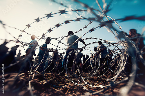Migrants behind barbed wire in refugees camp escaping from war photo