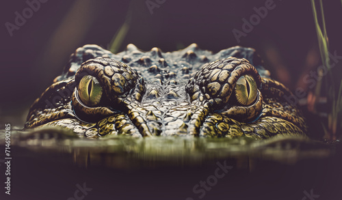 Big green eyes on large scale crocodile head looking with aggression from underwater