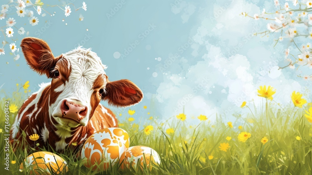 Easter Cow Illustration with Copyspace AI Generated