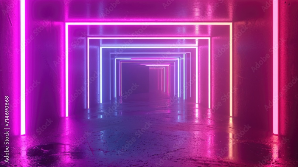 Neon light geometric tunel. Glowing neon lines. Empty futuristic stage laser. Colorful rectangular laser lines. Square tunnel. Night club empty room. Laser show design