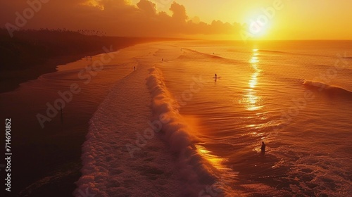 Surfers watch big breaking waves from beach after sunset surf session.