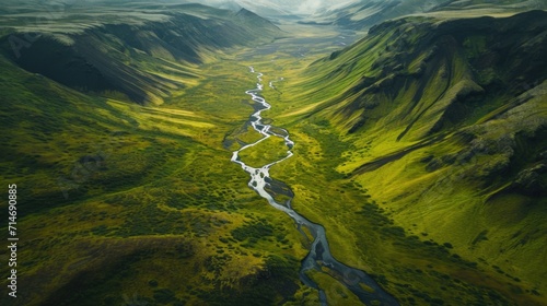 Aerial view of a green valley with a small river in Iceland highlands.