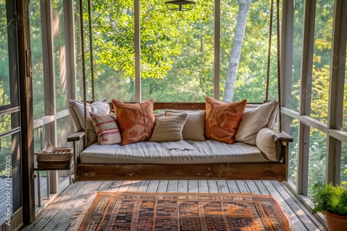 Relaxation Haven: Covered Bench Swing on a Screened Porch