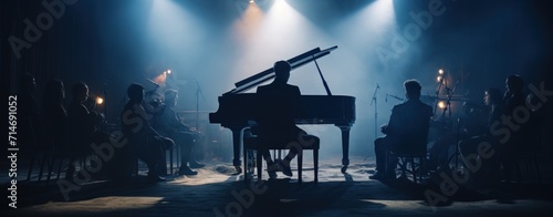 Pianist playing a grand piano at a concert with smoke lightning effect. AI generated image
